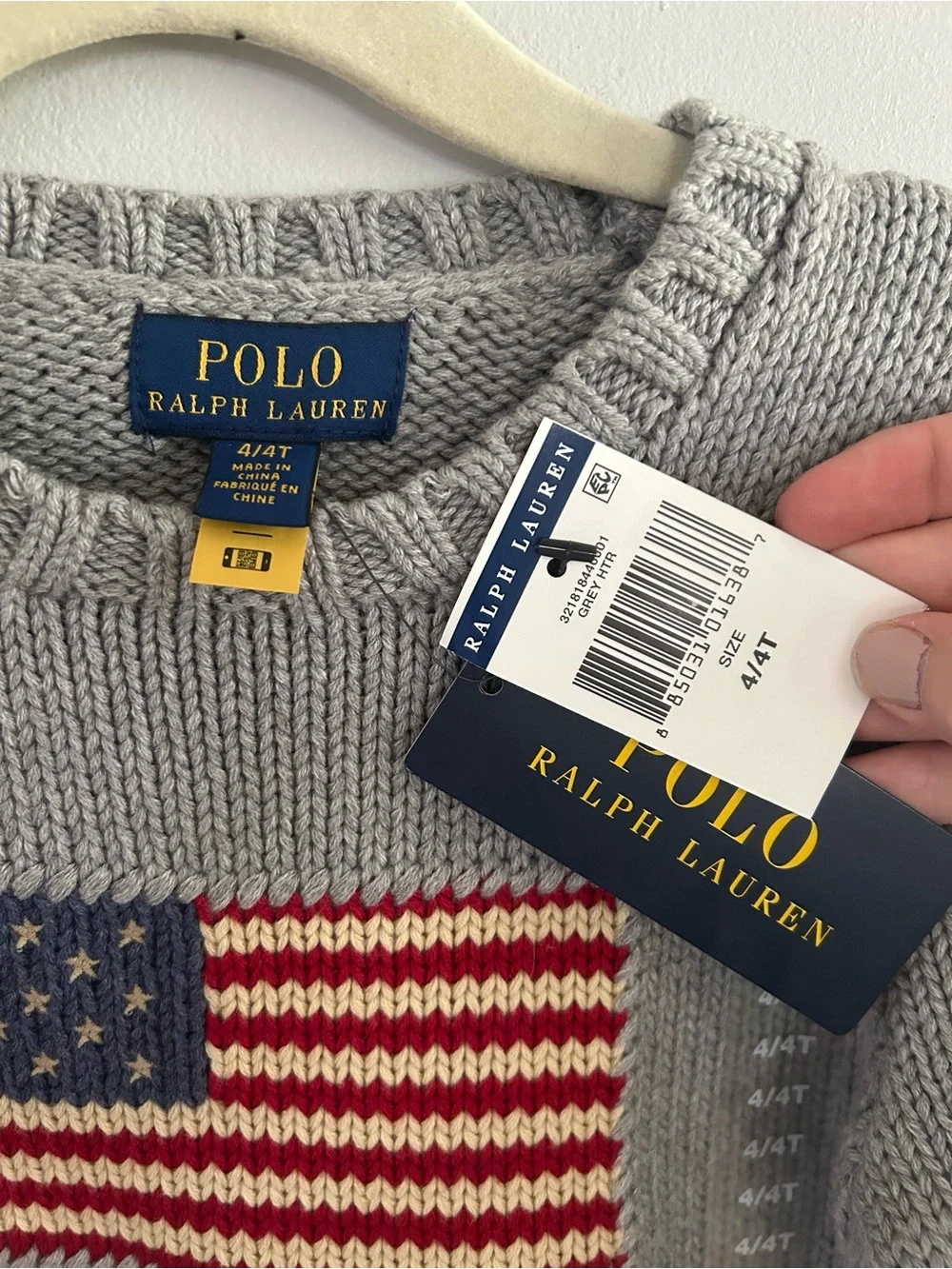 Ralph Lauren Light Gray Knit Sweater with Red, White & Blue Flag